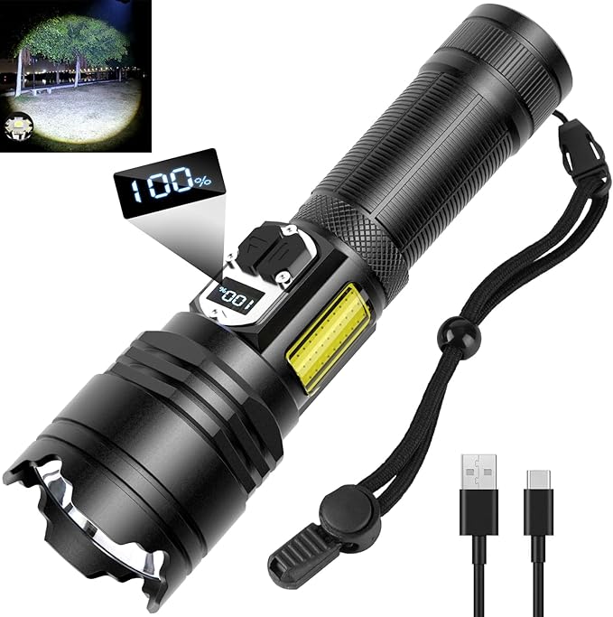 Flashlight High Lumens,280000LM LED Flashlight,XHP160.6 Super Bright Tactical Flashlight,COB Light,5000 mAh Rechargeable Battery, Digital Battery Display, IPX5 Waterproof,USB-C Charging
