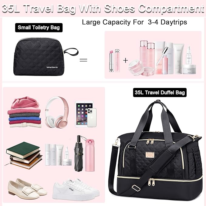 Weitars Women's Gym Duffel Bag - Travel Weekender with Shoes Compartment & Wet Pocket, Large Carry-On Overnight Bag (Black)