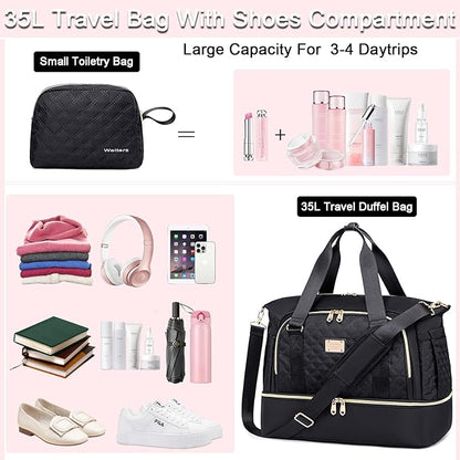 Weitars Women's Gym Duffel Bag - Travel Weekender with Shoes Compartment & Wet Pocket, Large Carry-On Overnight Bag (Black)