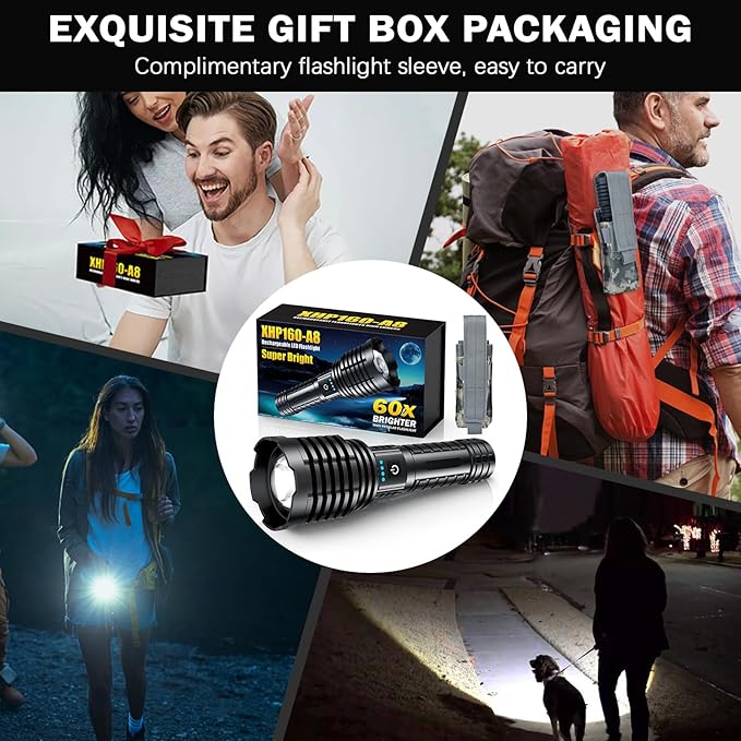 Rechargeable Flashlights 2400000 High Lumens,Super Bright LED Flashlight for Home Emergency, Waterproof Handheld Flashlights with Pouch, 5000mAh Battery, Spotlight and Floodlight Function