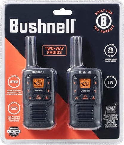 New Bushnell LPX350 Walkie Talkie Radio - Reliable Quality, Rugged Design, 1W Power for 25 Miles of Range, Two Way Radios Equipped for Wherever Life Takes You (2 Pack)