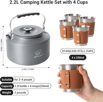 Bulin 2.2L Camping Kettle Set with 4 Cups Lightweight Aluminum Camp Tea Coffee Pot with 4 Stainless Steel Cups for Outdoor Camping Cookware Hiking Backpacking Kitchen Campfire and Picnic, Carrying Bag