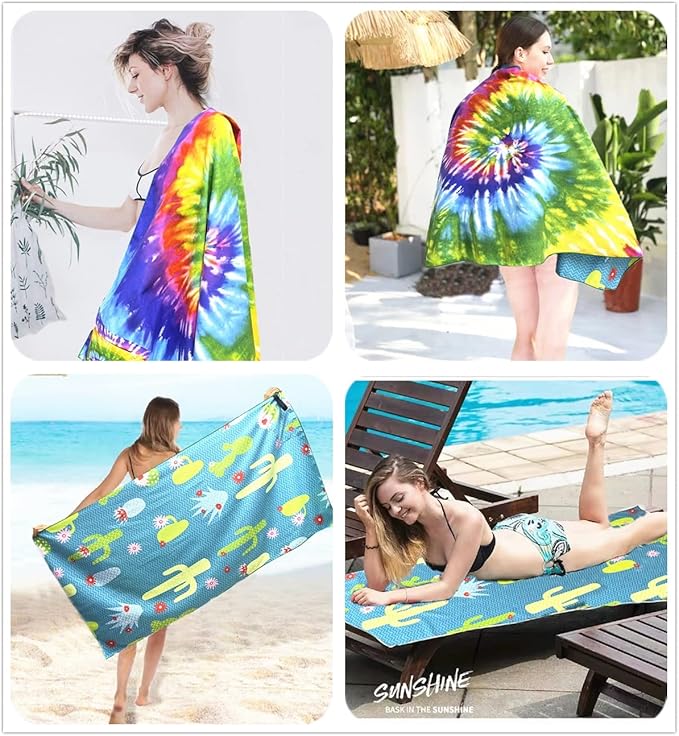 HAOKUN Microfiber Sand Free Beach Towel with Zipper Pocket Fast Dry Oversized Lightweight Big Large Towels for Travel Pool Swimming Bath Camping Adult Women Men Tie Dye Beah Towel (tie dye Colorful
