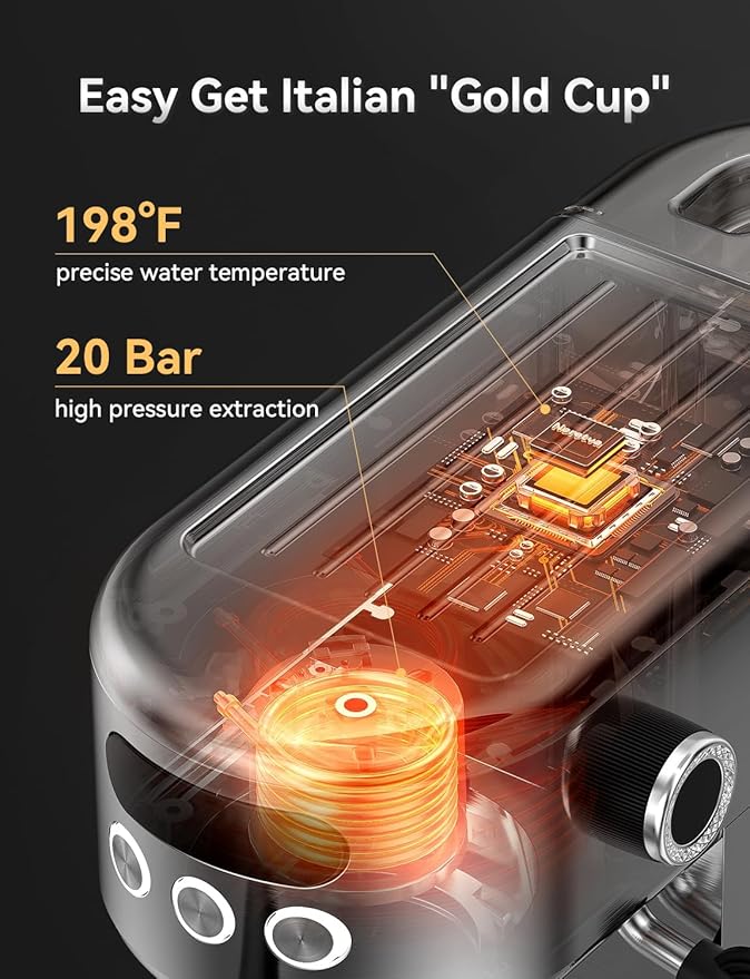 Neretva Espresso Machine 20 Bar, Super Compact Espresso Maker Stainless Steel Professional Coffee Machine Espresso with LED Display & Milk Frother for Home Barista Latte and Cappuccino Maker