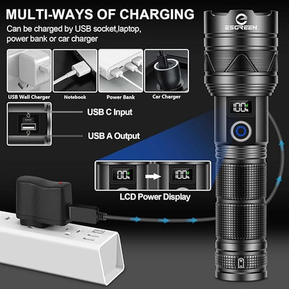 Rechargeable Flashlights 1000000 High Lumens, Long Range 5000ft, Super Bright LED Flashlight USB C, High Powerd Multi-functional Heavy Duty Strong Flash Light High Beam, For Emergency Security Camping