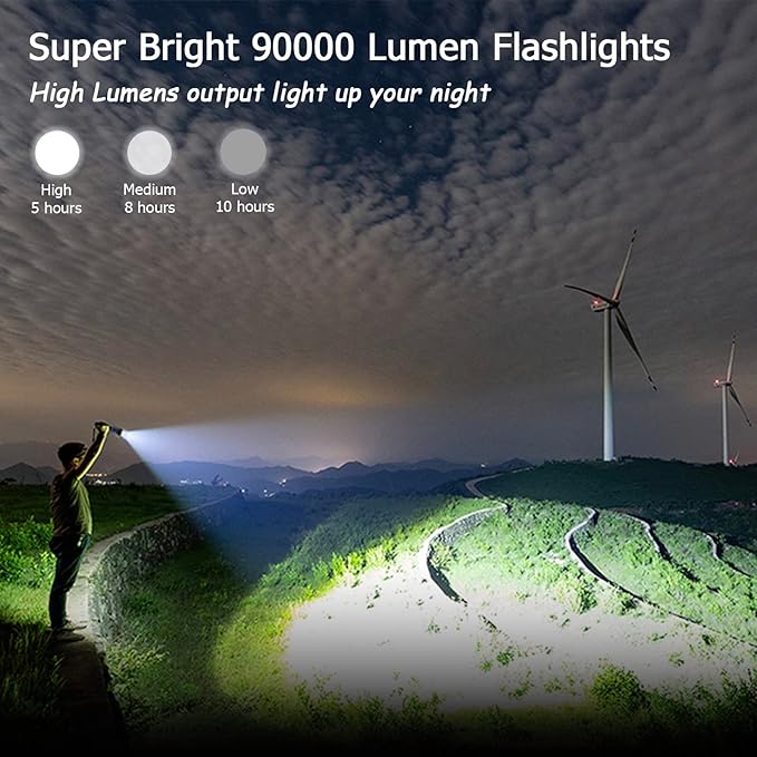 Flashlights LED High Lumens Rechargeable, 90000 Lumens Super Bright Flashlight, High Powered Flash Light, Powerful Handheld Tactical Flashlights for Emergency Camping Hiking Walking Dogs