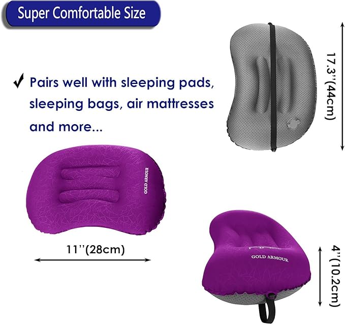 Gold Armour Inflatable Camping Pillow Backpacking Pillow Lightweight Travel Air Pillow Ultralight Ergonomic Pillow Portable for Airplanes with Neck & Lumbar Support (Purple)