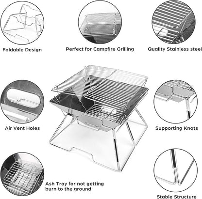 Odoland Folding Campfire Grill, 304 Stainless Steel Grate Barbeque Grill, Portable Camping Grill with Legs for Picnics, Backpacking, Outdoor with Carrying Bag and Kitchen Tongs