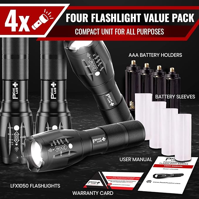 PeakPlus LED Flashlights High Lumens, Tactical Flash Lights [4 Pack] - Super Bright Waterproof Zoomable 5 Modes - Powerful Handheld Flashlights for Emergencies, Camping, Outdoor, Dog Walking