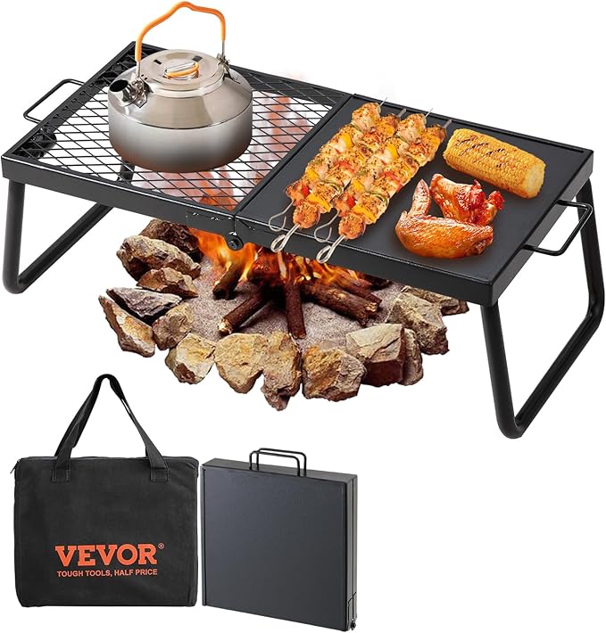 VEVOR Folding Campfire Grill, Heavy Duty Steel Mesh Grate, 22.4" Portable Camping Grates Over Fire Pit, Camp Fire Cooking Equipment with Legs Carrying Bag, Grilling Rack for Outdoor Open Flame Cooking