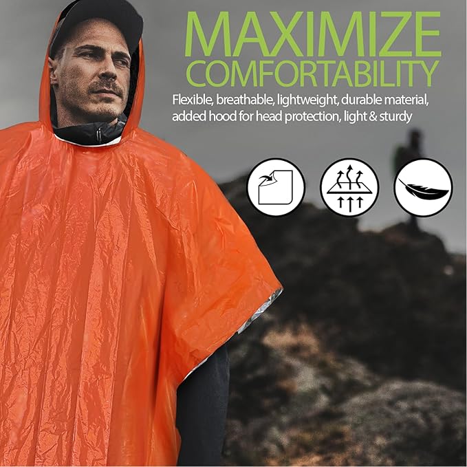 FosPower Emergency Rain Poncho [4 Pack] [Retains 90% Body Heat] Reusable Weather Resistant Raincoat for Men, Women, Adults, Camping, Hiking, Emergency Supplies & Survival Kits (Orange)