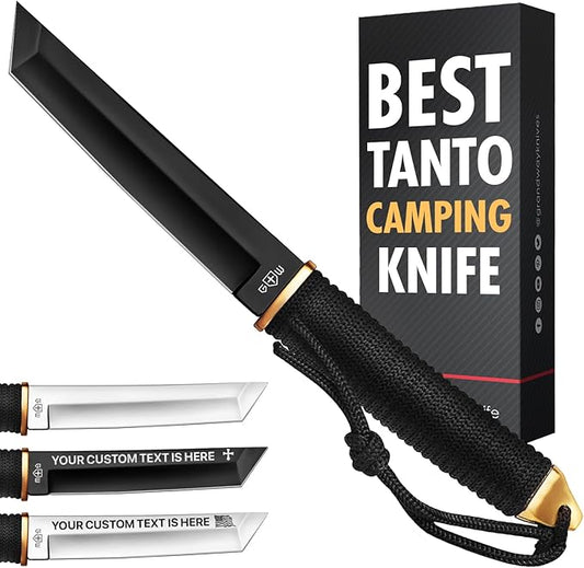 Tanto Camping Knife with Sheath - 3+ Colors - 5,9" Fixed Full Tang Mirror Polished Blade - Cool Survival Knives with Black Paracord Handle - Tactical Work Knives for Hunting Hiking EDC 2307 Black
