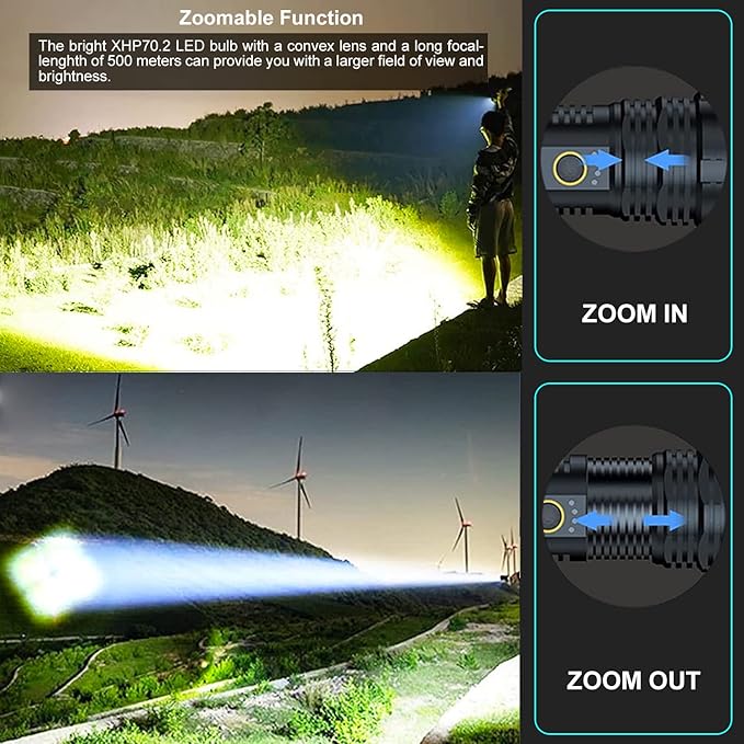 flashlights LED high lumens Rechargeable, Extremely Bright 50000 lumens Flashlight, IPX67 Water Resistant, 5 Light Modes, zoomable Tactical Flashlight for Emergency Camping Gift