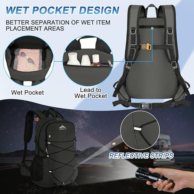 BKNOOU 40L Lightweight Hiking Backpack Packable Camping Backpack Waterproof Hiking Daypack Men Women Foldable Travel Daypack