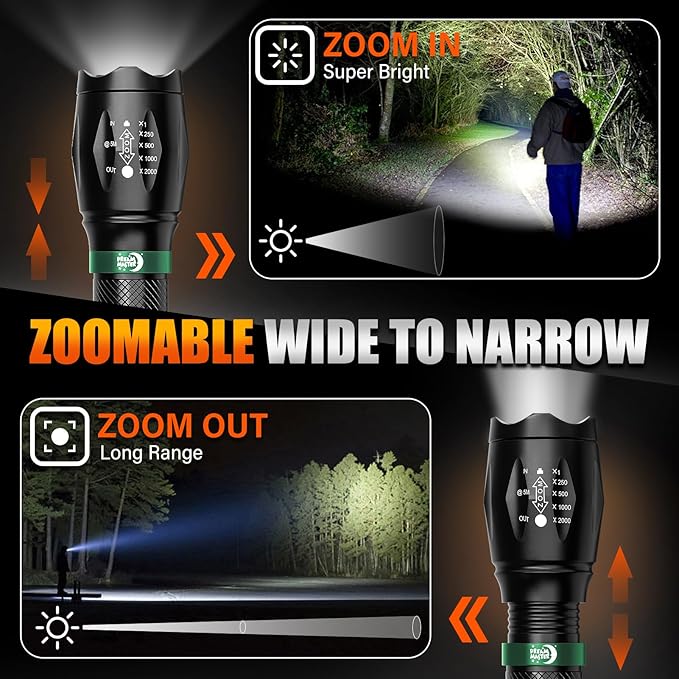 2 Pack LED Flashlights High Lumens with 6 AAA Batteries, 5 Modes Mini Waterproof Tactical Flashlight for Camping Hiking, Bright Flashlight with Zoomable, Fathers Day Dad Gifts for Him, Black & Green