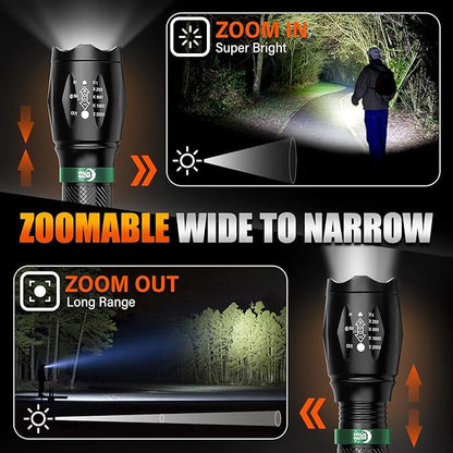 2 Pack LED Flashlights High Lumens with 6 AAA Batteries, 5 Modes Mini Waterproof Tactical Flashlight for Camping Hiking, Bright Flashlight with Zoomable, Fathers Day Dad Gifts for Him, Black & Green