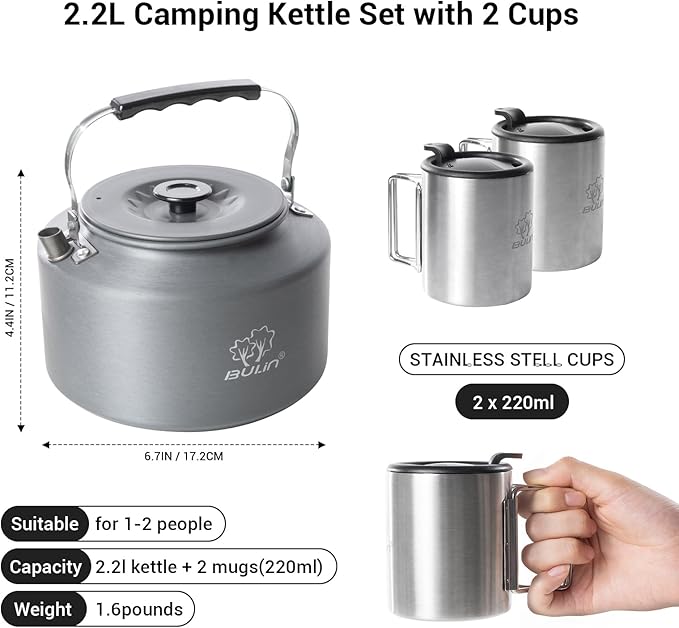 Bulin 2.2L Camping Kettle Set with 2 Cups Lightweight Aluminum Camp Tea Coffee Pot with 2 Stainless Steel Cups for Outdoor Camping Cookware Hiking Backpacking Kitchen Campfire and Picnic, Carrying Bag