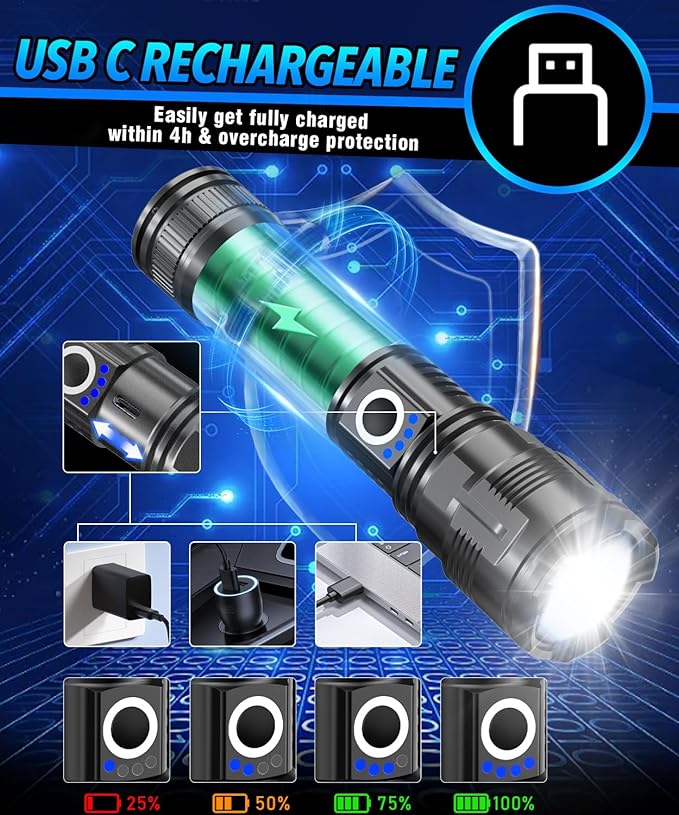Flashlights High lumens Rechargeable USB C Flash Light, Super Bright LED Flashlight with 100,000 Lumens, Long Beam 3280Ft, IPX5 Waterproof Tactical Flashlight Powerful for Emergency, Camping