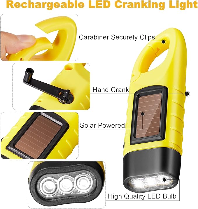 4 Pack Hand Crank Solar Powered Flashlight Emergency Rechargeable Led Flashlight Survival Gear Self Powered Charging Torch for Fishing Boating Hiking Backpack Camping Safety Weather Emergency Pack