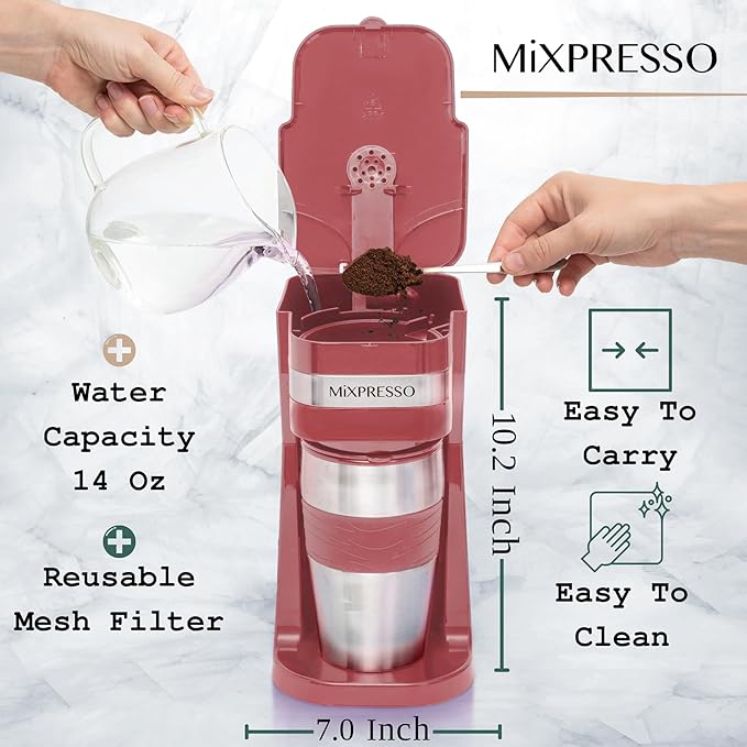 Mixpresso Personal Single-Serve Coffee Maker & 14oz Travel Mug, Drip Small Tumbler With Auto Shut Off & Reusable Filter, Red, Compatible With Coffee Grounds
