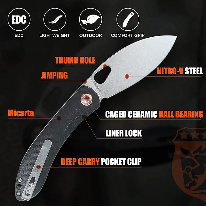 Vosteed EDC Knife, 3.26" Lightweight Folding Pocket Knife with Clip for Men and Women, Modern Shilin Cutter with Nitro-V Steel Blade, Micarta Handle for Camping, Hiking-Nightshade Series