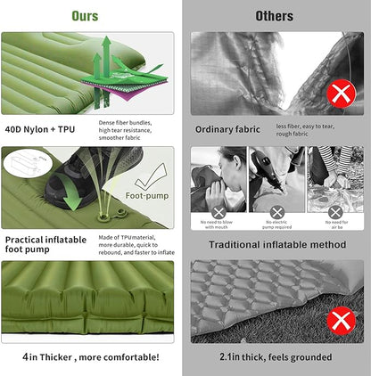 Sleeping Pad for Camping 4in Thick, Camping Air Mattress Pad Built-in Pump, Ultralight Camping Sleeping Pad Mat with Pillow, Inflatable Sleeping Pad Backpacking, Holds 440lbs, 40D+60D Nylon