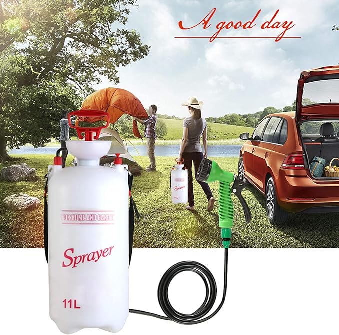 CLICIC Pressure Sprayer with 7 Spray Modes, Camping Shower with Removable Hose and Shower Head for Camping Outdoor Traveling Hiking and Pet Bath (2.9 Gallon)