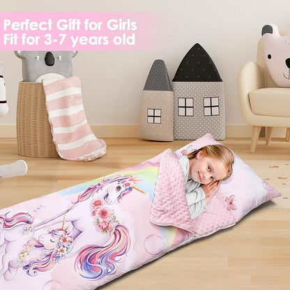 Kids Sleeping Bag Toddler Nap Mat with Removable Pillow, Large Foldable Sleeping Bag for Girls Boys, Easy Clean Slumber Bag with Double Zip for Camping School Preschool Daycare, 59×24 inch