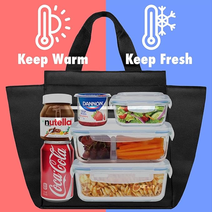 opux Lunch Bag for Women, Insulated Lunch Box Tote for Girls Kids Adult School Work, Reusable Womens Lunch Tote for Office Travel, Cute Small Lunch Tote, Fits 12 Cans - Black