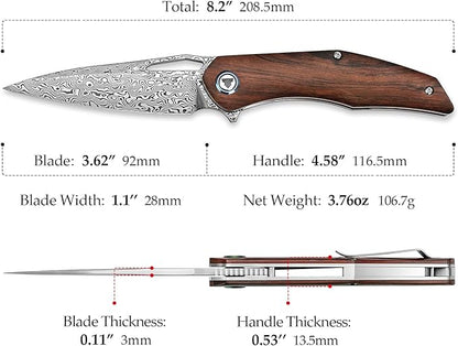 3.62'' Damascus Folding Pocket Handmade Knife for Men With Clip, Front Flipper Utility Knife for Best EDC Outdoor Camping Hiking Work Knives,Ironwood Handle &Ti Ring.Taurus-01i