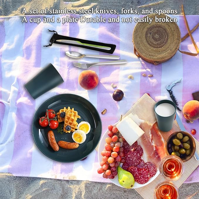 Camping Utensils Mess Kit, Including Camping Spoon, Fork, Knife, Plate and Cup Packed in a Portable Bag, Easy to Carry, Dishwasher Safe