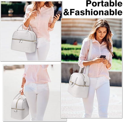 BALORAY Lunch Bag for Women Men, Double Deck Lunch Box for Adults, PU Leather Lunch Tote Bag Insulated Lunch Bags with Strap for Work Office Picnic