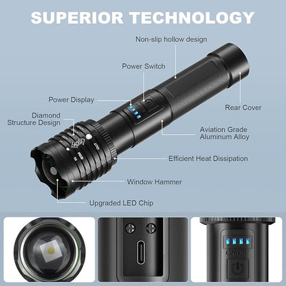 Rechargeable LED Flashlights High Lumen: 990,000 Lumens Super Bright Tactical Flashlight with 3 Modes & IPX7 Waterproof, Handheld Powerful Flash Light for Home Camping(2 Packs)