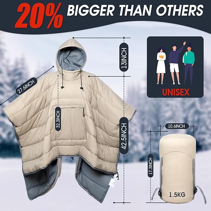 Sleeping Bag Wearable Hooded Blanket - Envelope Lightweight Thermal Cloak Cape Windproof with Premium Stuff Compression Sack for Backpacking Hiking Hunting Fishing Outdoor Sport