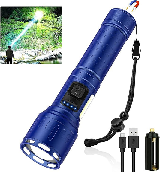 Rechargeable Magnetic Flashlights 100,000 High Lumens, Super Bright LED Powerful Flashlight 8 Modes with COB Work Light, Waterproof Handheld Flash Light for Camping (1 Pack with Paper Box, Blue)