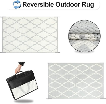 OutdoorLines Outdoor Plastic Area Rugs for Patio 6x9 ft - Reversible Outside Carpet, Stain & UV Resistant RV Mats, Straw Rug for Camping, Deck Garden, Porch and Balcony, Moroccan/Beige & Light Grey