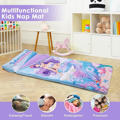 Kids Sleeping Bag Toddler Nap Mat with Removable Pillow, Large Foldable Sleeping Bag for Girls Boys, Easy Clean Slumber Bag with Double Zip for Camping School Preschool Daycare, 59×24 inch
