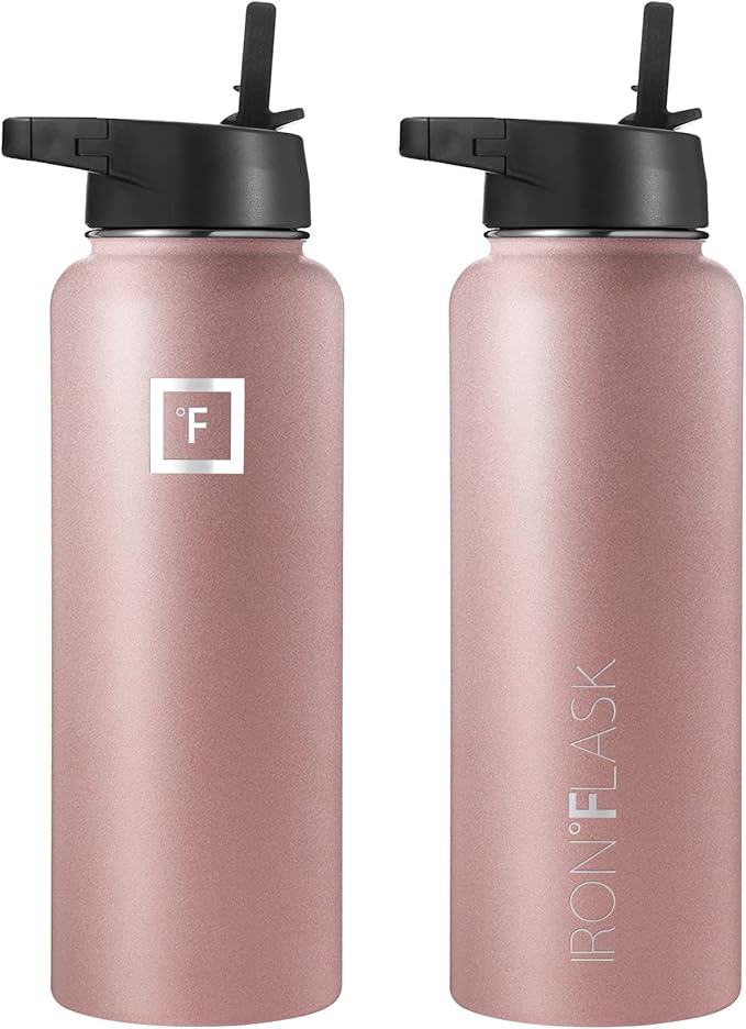 IRON °FLASK Camping & Hiking Hydration Flask, Wide Mouth, 3 Straw Lids, Stainless Steel Outdoor Water Bottle, Double Walled, Insulated Thermos, Metal Canteen - Rose Gold, 40 Oz