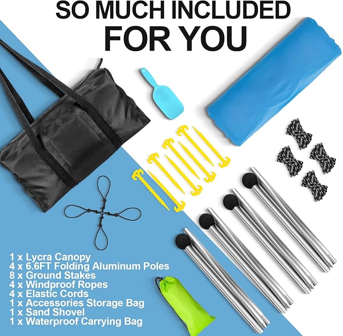 Buheco Beach Tent Pop Up Shade 7x7.5ft Beach Canopy Sun Shelter UPF50+ with 4 Foldable Poles Portable Carrying Bag Sand Shovel Ground Pegs Windproof Ropes for Outdoor Family Camping Fishing Picnic