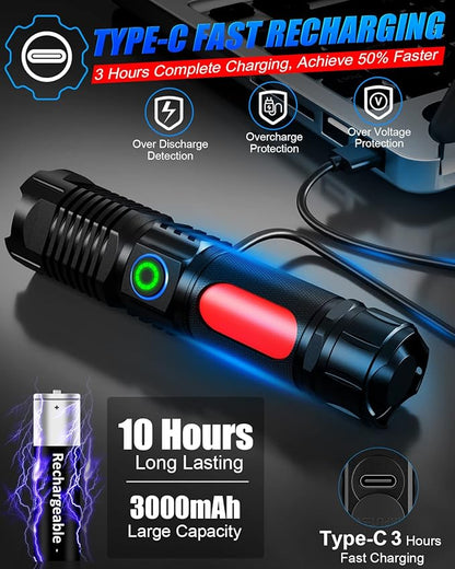 Flashlight USB Rechargeable, Super Bright LED Flashlight 3500LM, Small Tactical Flashlights, Waterproof, Zoomable, Portable Flashlights for Camping, Hiking, Emergency