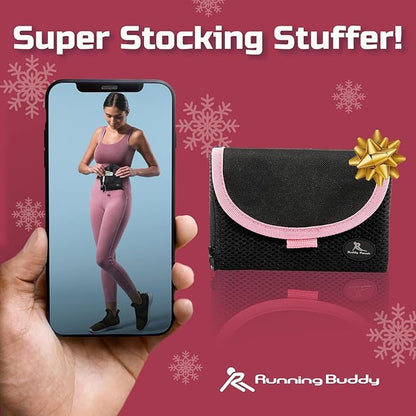 Running Buddy Magnetic Buddy Pouch, Beltess, Chafe and Bounce Free, Runners Fanny Pack, Phone Holder, Great for Running, Walking, Traveling & More, for Men & Women - 6-3/4” L x 4” W - Black and Pink