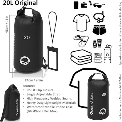 Oceandrybag - Waterproof Dry Bag Backpack - Floating Dry Sack Portable for Kayaking, Beach, Rafting, Boating, Hiking, Camping, Fishing with Waterproof Phone Case