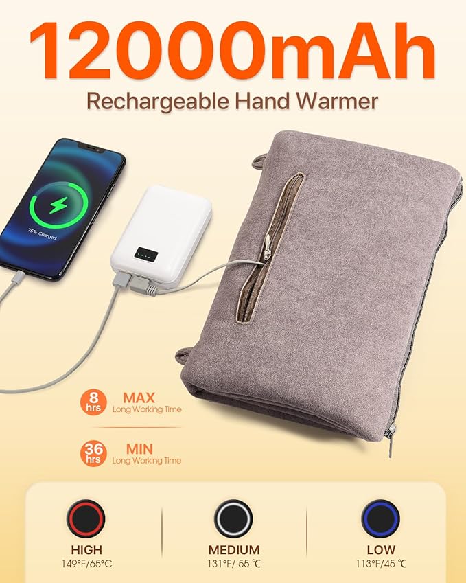Hand Warmers Pouch Rechargeable for Hot Hands Body Warmers Pain Relief, 12000mAh Graphene Heated Gloves Battery Operated Heater with 3 Levels & Double-Sided Heating Gifts Christmas for Women Mom Dad