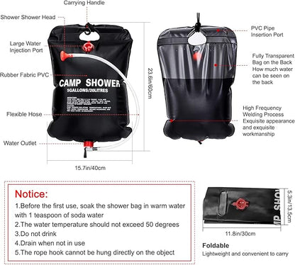 2 Pack Solar Shower Bag for Camp, 5 Gallons/20L Portable Camping Shower Bag with Removable Hose and On-Off Switchable Shower Head for Camping Beach Swimming Outdoor Traveling