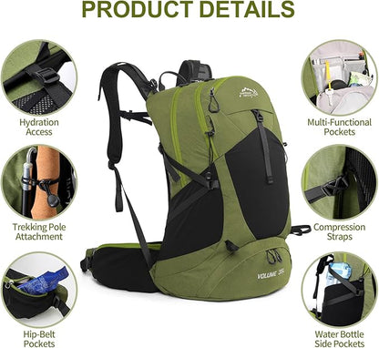 Hiking Backpack,35L Waterproof Hiking Daypack with 3L Water Bladder and Rain Cover, Lightweight Travel Camping Backpack for Men Women (Dark Green)