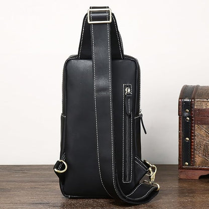 KPYWZER Sling Bag Men Women Genuine Leather Shoulder Backpack Satchel Chest Casual Daypack Crossbody Outdoor Day Pack Backpacks Black