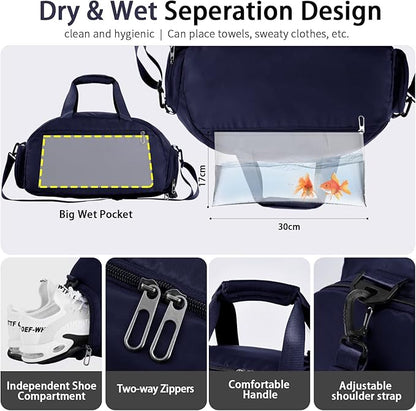 FIORETTO 30L Sports Gym Duffle Bag with Wet Pocket & Shoe Compartment, Weekender Hospital Overnight Bag for Women, Sports Holdall Backpack