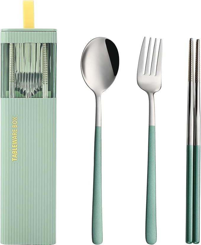 DEVICO Travel Utensils with Case, Stainless Steel Reusable Camping Silverware Set for Lunch Box, Portable Cutlery Kit Includes Fork, Spoon, Chopsticks (Green)