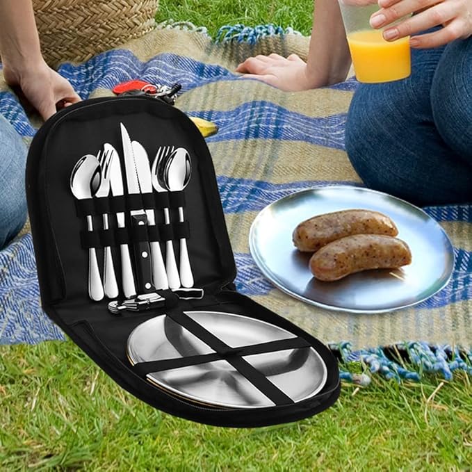 Metal Camping Utensil Set, Camping Silverware Set for 2, Reusable Travel Cutlery Set with Case Include Knife Fork Spoon Dish and Beer Cap Opener 10PCS Set