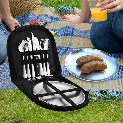 Metal Camping Utensil Set, Camping Silverware Set for 2, Reusable Travel Cutlery Set with Case Include Knife Fork Spoon Dish and Beer Cap Opener 10PCS Set